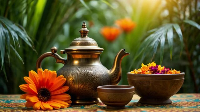 Brass teapot and floral infusion setup with gerbera and petals on patterned cloth, tea ceremony, aromatherapy, wellness photography