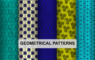 Abstract geometric seamless pattern set for retro fabric print design collection Geometric set of seamless patterns. Gold and white vector backgrounds. Simple illustrations