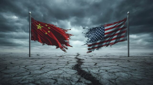 割れた地面に翻る米中の裂けた旗
