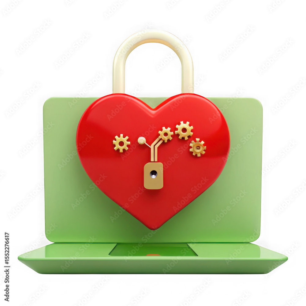 Poster 3d render of a red heart with golden gears and lock on a green laptop isolated on transparent backgr