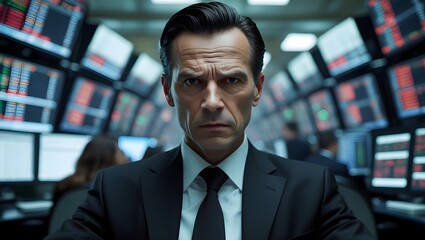 Fototapeta premium Staring Down the Stock Market: A focused man in a suit, exuding determination, stands amidst a dynamic wall of data displays, ready to conquer the market. A study in power and grit. 