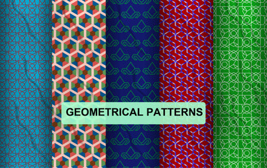 Geometric set of seamless patterns. Gold and white vector backgrounds. Simple illustration Seamless vector geometric pattern set with abstract shapes for retro fabric design or vintage textile art