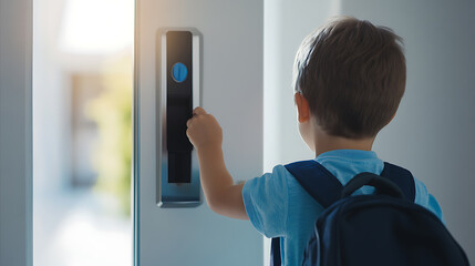 Child entering home with backpack, using a smart lock. Shows modern family life, technology integration, and security access for children.