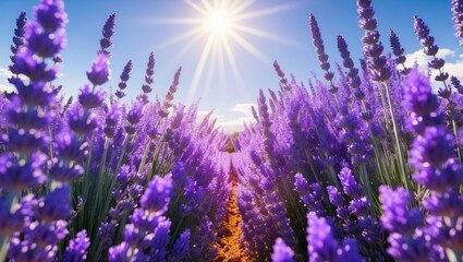 A field of purple lavender under the sunlight with empty space for text