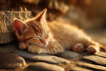 Small orange tabby kitten sleeping peacefully, relaxed pose with paws stretched, fur glowing in soft sunligh
