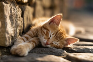 Small orange tabby kitten sleeping peacefully, relaxed pose with paws stretched, fur glowing in soft sunligh