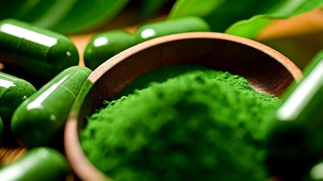 Close-up view showcasing green spirulina powder in a wooden bowl with spirulina capsules on dark wooden surface