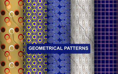 Geometric floral set of seamless patterns. Geometric vector illustration of an abstract seamless pattern with blue and white circles, perfect for textile print or retro wallpaper design