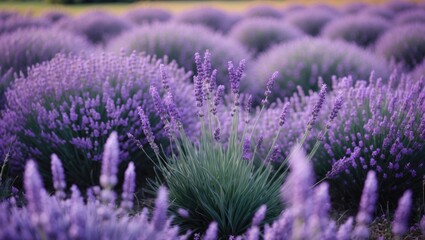 Obraz premium Summer Purple Lavender Field Background with Scented Flowers in Fields and Empty Copy Space for Text