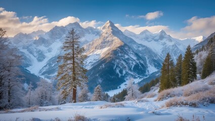 Amazing mountain landscape in winter season with snow and trees