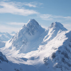 Naklejka premium Snow-capped peaks of a majestic mountain range under a clear blue winter sky.