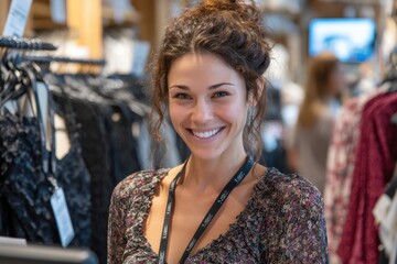 Smiling woman in a clothing store showcases stylish fashion during a busy shopping day