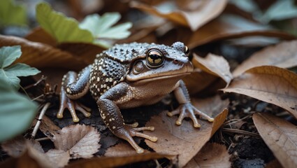 Fototapeta premium American toad camouflaged among leaves in natural habitat.