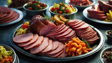 A tray of assorted smoked meats and sides with empty space for text.