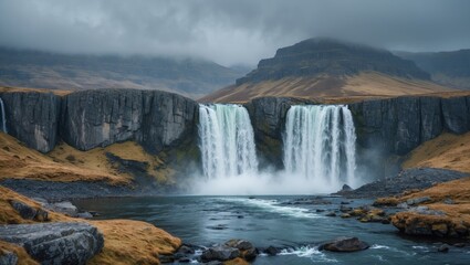 Obraz premium Amazing landscape of powerful waterfall in rocky highland area on overcast day