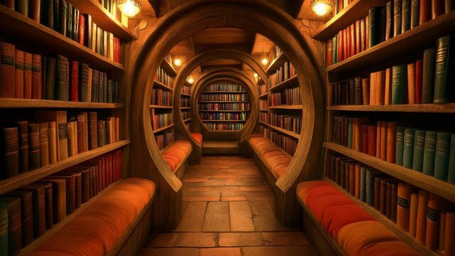 Circular wooden library hall with bookshelves, warm lighting, and cushioned benches on a rustic floor, concept of cozy intellectual retreat