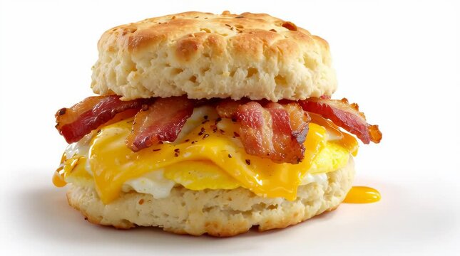 Bacon, egg, and cheese biscuit on white background	
