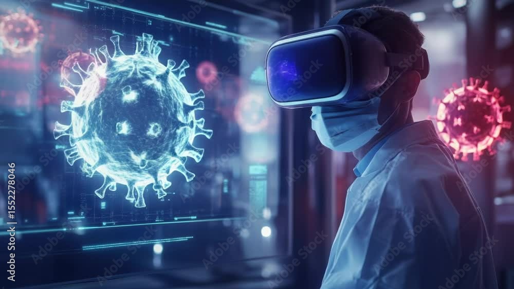 Poster A scientist or engineer in a lab coat using a virtual reality headset for research or entertainment purposes