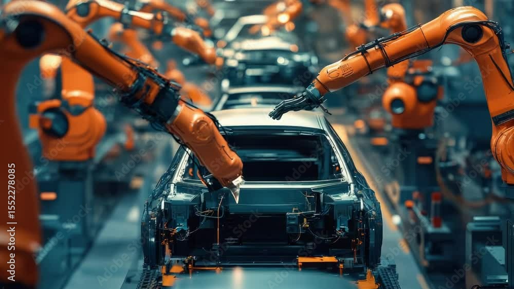Poster Robots assembling cars in a modern factory setting