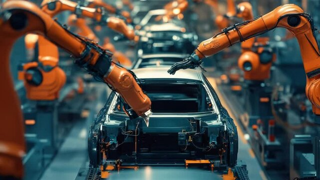 Robots assembling cars in a modern factory setting