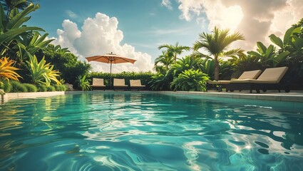 Obraz premium Paradise Poolside: A stunning, inviting, aquamarine swimming pool with chaise lounges and a parasol against a backdrop of lush, tropical greenery. Capturing the essence of relaxation, leisure.