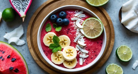 Fresh tasty smoothie bowl with dragon fruit, watermelon, banana, coconut flakes, and lime slice. Healthy vegetarian natural breakfast served in a wooden plate, top view.