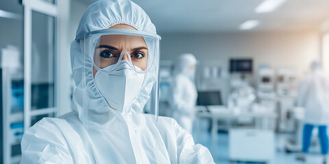 Healthcare worker in full protective suit, mask, and face shield ready for frontline medical work. Standing in modern lab, protecting others.