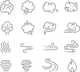 Thin line icon set of steam smoke and explosion cloud wind fire air. Pixel perfect icons, editable stroke.