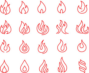 Thin line icon set of fire flame heat burn hot flaming campfire.  Pixel perfect icons, editable stroke.