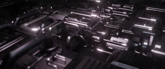 Abstract Industrial Machinery Dark Metallic Pipes 3D Render Futuristic Technology Background