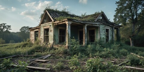 Photograph of a lost house covered with vegetation, with empty space for text.