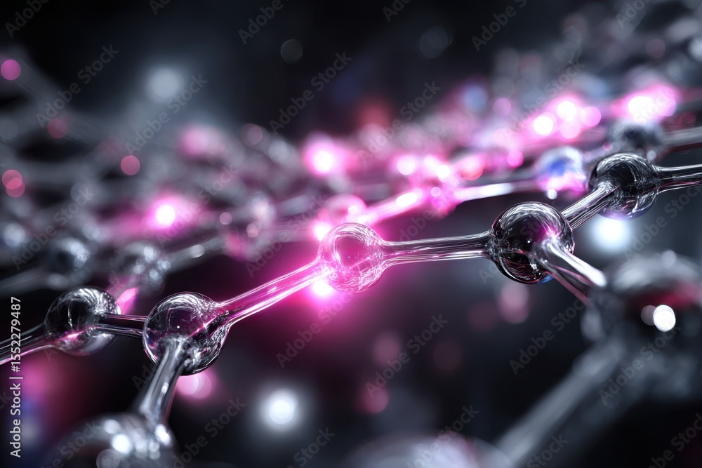 Poster molecular structure illuminated with glowing particles in a dark environment