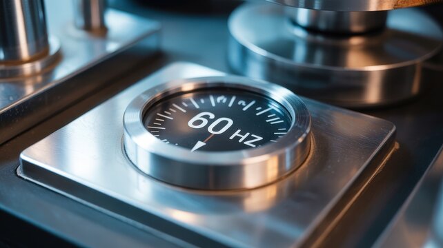 Close-up of industrial 60 hz frequency gauge on metal equipment