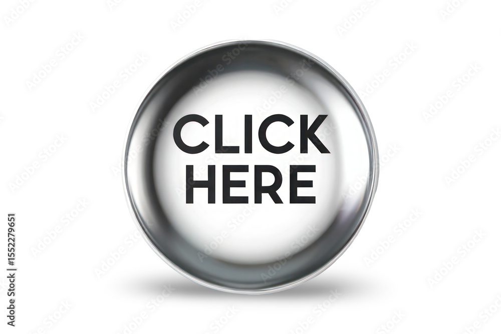 Poster circular silver button with click here text on white background isolated on black background high de