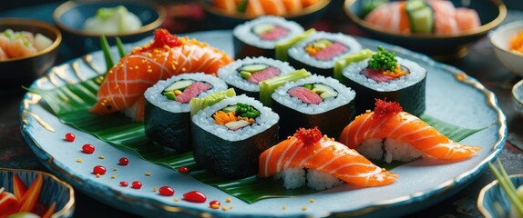 Fresh sushi rolls, traditional food, dinner party.