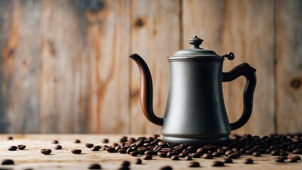 A vintage coffee pot with a wooden handle, side view on a textured light wooden background with coffee beans scattered, with copyspace.