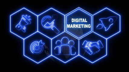 Neon Digital Marketing concept on a futuristic .Hi tech motion graphic background, white flickering dots earth map rounding on dark background .