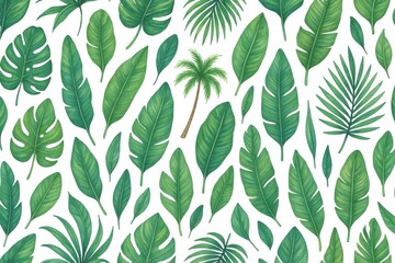 Seamless exotic leaves on white background Vector illustration ideal for summer textiles or decor