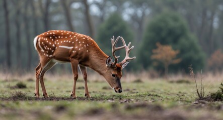A young red spotted deer grazing in a clearing near a forest, taken in a nature reserve, with space for text.