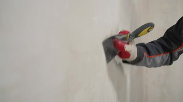 Professional construction worker skillfully smoothing wet plaster on interior wall, carefully leveling surface using specialized putty knife during renovation process