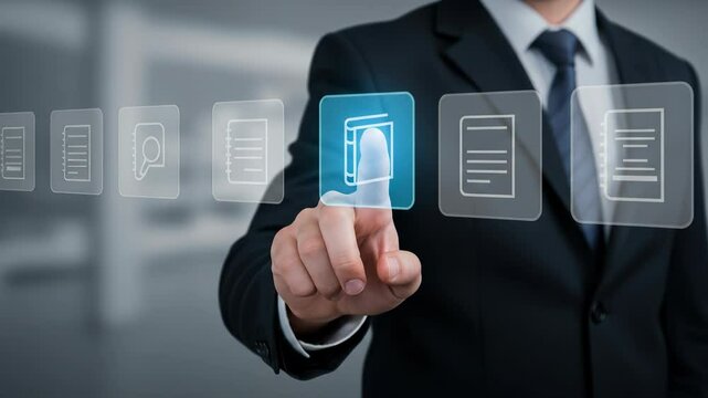 Businessman Interacting with Virtual Interface: Book, Documents, Technology, Data Management