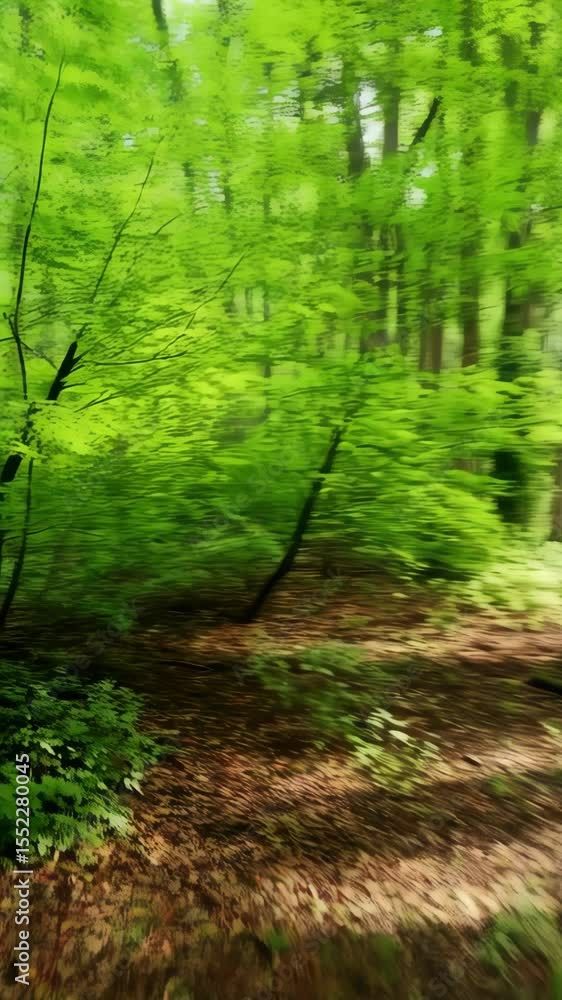 Poster abstract motion through vibrant deciduous forest with sunlight filtering through lush green leaves a