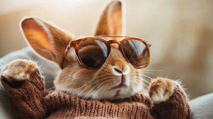 A stylish rabbit wearing sunglasses lounges comfortably, brimming with cuteness and playfulness, embodying the fun and quirky side of pet ownership while evoking smiles and joy.
