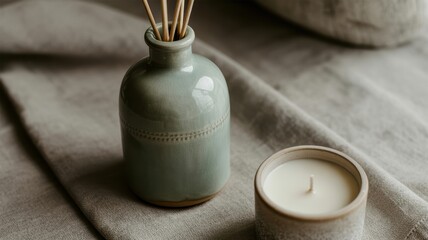 Elegant ceramic diffuser and candle on textured linen surface