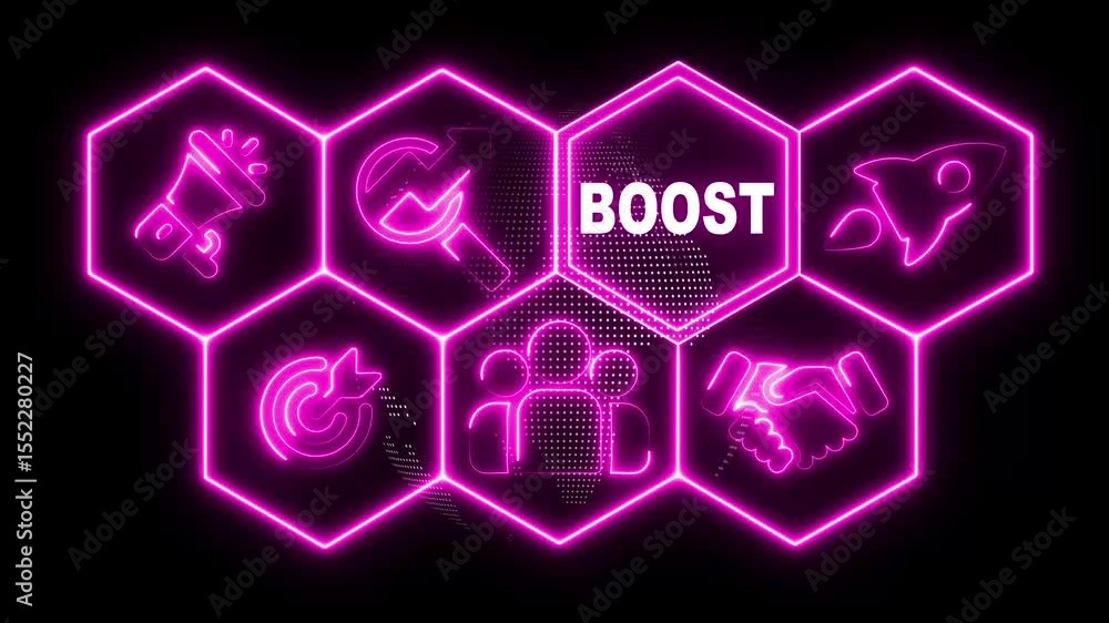 Poster neon line boost concept button on a futuristic computer screen display with hexagon shapes and scien