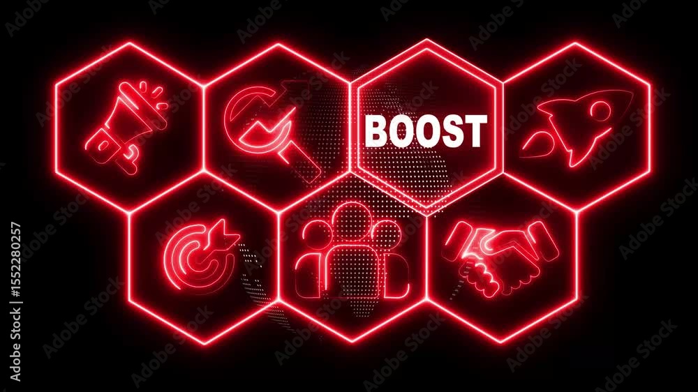Poster neon line boost concept button on a futuristic computer screen display with hexagon shapes and scien
