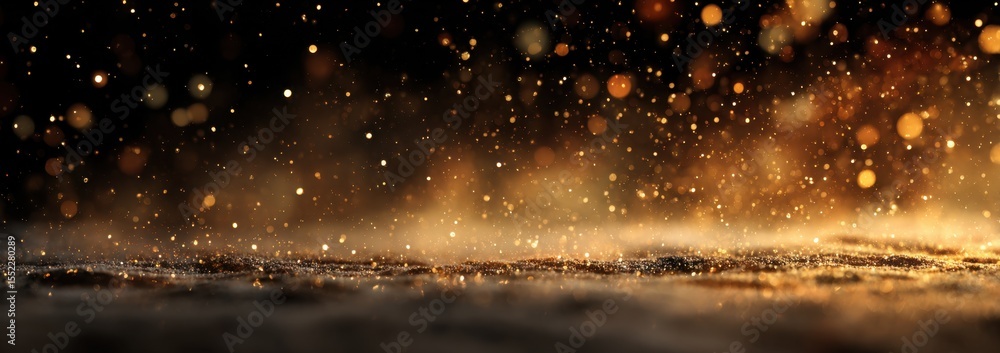 Poster dark background with bokeh lights, golden dust falling from the sky, wide-angle view generative ai