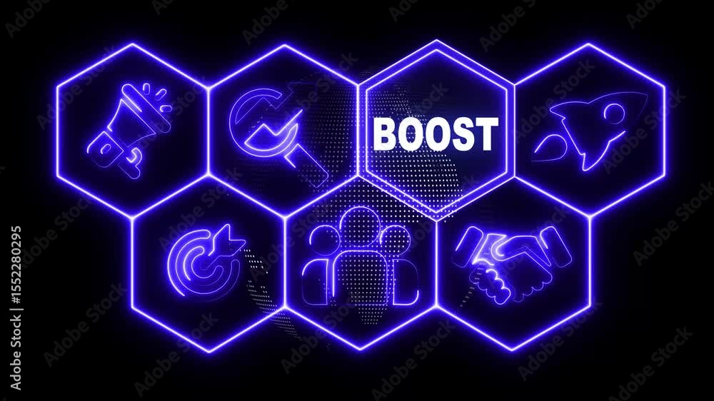 Poster neon line boost concept button on a futuristic computer screen display with hexagon shapes and scien