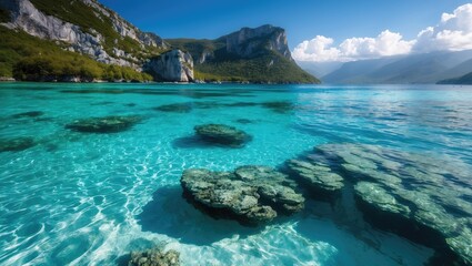 Fototapeta premium Amazing crystal clear water over scenic landscape with mountains and blue sky.