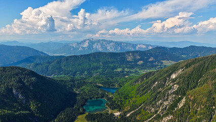Drone aerial scenic summer landscape of the Fusine Lakes in the Julian Alps, Italy, Europe